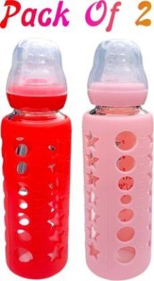 HuddiBABA Glass Feeding Bottle for Newborns/Infants/Baby | With Silicone Warmer Cover ('PINK & RED', 240 ML) - 240 ml(Pink, Red)