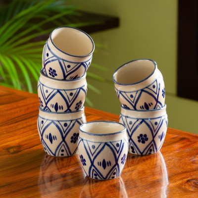 ExclusiveLane Pack of 6 Ceramic 'Moroccan Floral' Hand-painted Studio Pottery Kullads(Blue, White, Cup Set)