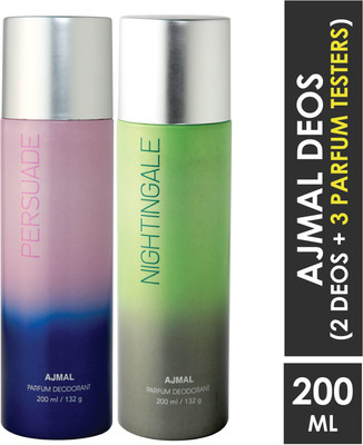 Ajmal Persuade & Nightingale Deodorant Combo pack of 2 High Quality Deodorants 200 ml each (Total 400ML) for Men & Women + 2 Parfum Testers Deodorant Spray  -  For Men & Women  (400 ml, Pack of 2)