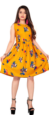 tanvi creation Women Fit and Flare Yellow Knee Length Dress