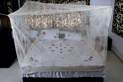 RIDDHI Polyester Adults Washable printedsq4x6.5_cream Mosquito Net(Cream, Bed Box)