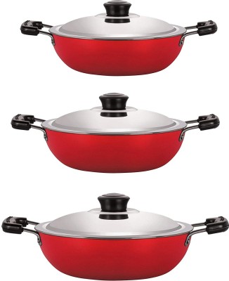 NIRLON Kadhai 26 cm, 24 cm, 23 cm diameter with Lid 3.1 L, 2.6 L, 2.2 L capacity(Aluminium, Non-stick)