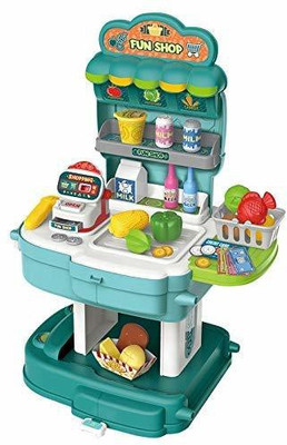 DEZICON ECOM 2 in 1 School Bag Turn into Kitchen Supermarket Play Set Toy for Kids with Light and Accessories Portable Musical Suitcase 34 Pcs for Girls (Supermarket Play