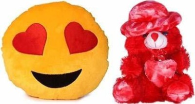 Kaira toys Smiley Cushion Two Heart with Soft Red Cap Teddy Bear 30 cm (Color Red)  - 30 cm(Red, Yellow)