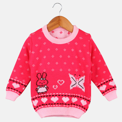 ANIXA Woven Round Neck Casual Baby Girls Pink Sweater