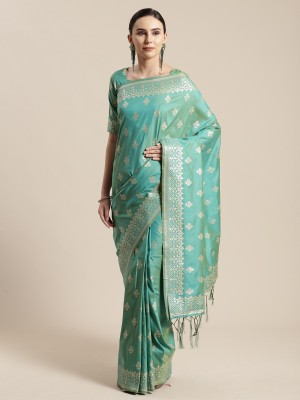 Ratnavati Woven, Floral Print Kanjivaram Silk Blend Saree(Light Green)