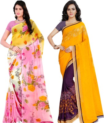 kashvi sarees Printed Daily Wear Georgette Saree(Pack of 2, Purple, White, Pink, Yellow)