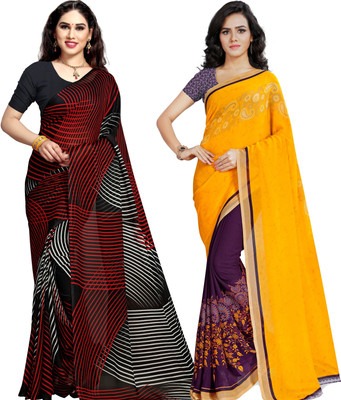 ANAND Printed Daily Wear Georgette Saree(Pack of 2, Purple, Red, White, Black, Yellow)