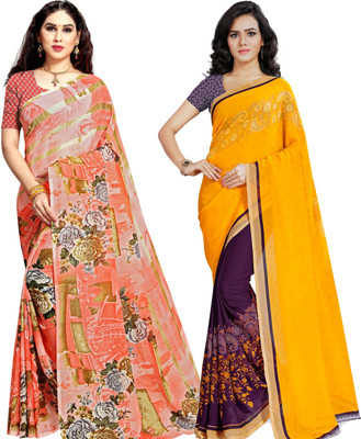 ANAND Printed Daily Wear Georgette Saree(Pack of 2, Purple, Orange, Yellow)