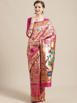 Ratnavati Woven Banarasi Silk Blend Saree(Gold, Pink)