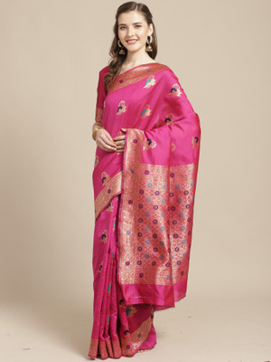 Ratnavati Woven, Floral Print Kanjivaram Silk Blend Saree(Pink)