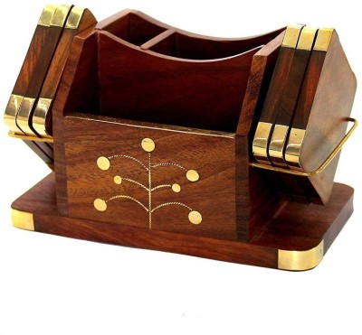 Priyanshu Decor 3 Compartments Rosewood Card/Pen/Phone Holder Coaster(Brown, Brass Yellow)