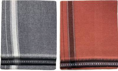 Prakasam Cotton Premium quality Mens Kerala Style Thalapathi Border Single (1.28X2.00 mtrs) -Dhoti-kerala Single mundu (Pack of 2 dhoties)-Ash:Kaavi Solid Men Dhoti