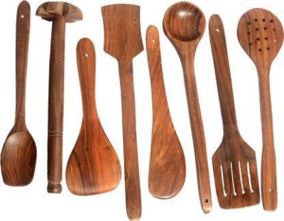 Smarts collection Wood Sheesham Wooden Eco-Friendly- (Set of 7 Serving & Ladle spoons + 1 Madani)- Brown Wooden Cutlery Set (Pack of 8) Kitchen Tool Set(Brown, Cooking Spoon)