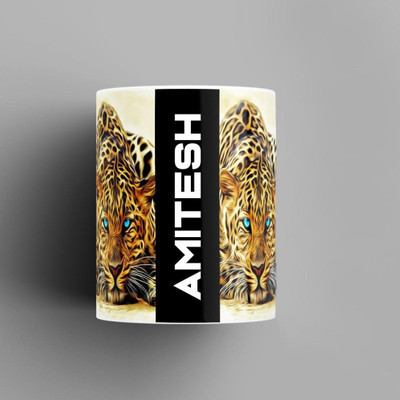 Beautum Name Printed Amitesh Cheetah Design White Ceramic (350) ml. Model No:BMNAT001207 Ceramic Coffee Mug(350 ml)