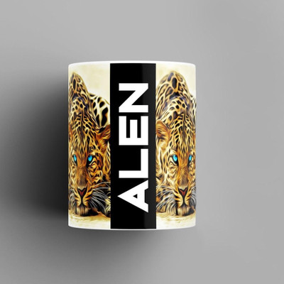 Beautum Name Printed Alen Cheetah Design White Ceramic (350) ml. Model No:BMNAT000882 Ceramic Coffee Mug(350 ml)