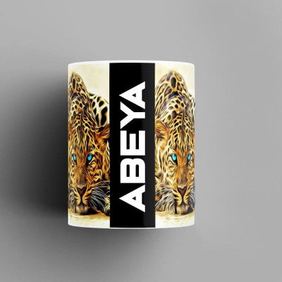 Beautum Name Printed Abeya Cheetah Design White Ceramic (350) ml. Model No:BMNAT000277 Ceramic Coffee Mug(350 ml)