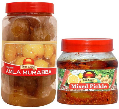 Sun Grow Organic Homemade Amla Murabba Ingredient: Fenugreek, Clove, Elam, Crystals, Cardamom (Elichie), Palm 1Kg & Organic Homemade Masaledar Flavour And Taste Punjabi Pachranga Mixed Pickle 500gm Amla, Mixed Pickle(2 x 0.75 kg)