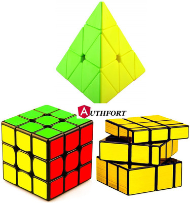 Authfort Cube Combo of 3x3x3 Black base, Pyraminx Pyramid Triangle & Gold mirror cube High Speed Magic Puzzle Cube (3x3 , gold mirror & Triangle)(3 Pieces)