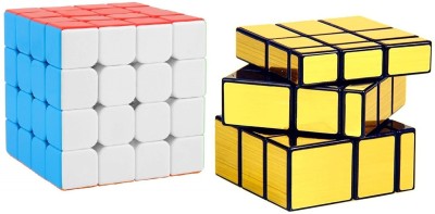 Authfort Stickerless Cube Set of 4x4 and Stickered Gold Mirror Puzzle Cubes Combo (4x4 Cube +Mirror Cube)(2 Pieces)