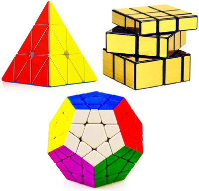 Authfort Cube Combo Set of Stickerless Pyraminx Triangle Megaminx & Stickered Gold Mirror High Speed Cube Puzzle(3 Pieces)