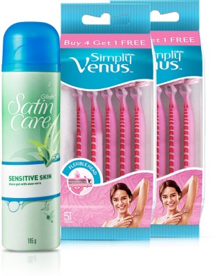 Gillette Venus bundle 2 Simply Venus B4G1 packs (10 razors) + 1 Satin Care Sensitive Skin Gel (Pack of 10)