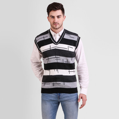 Trendy World Colorblock, Printed V Neck Casual Men Grey, Black Sweater