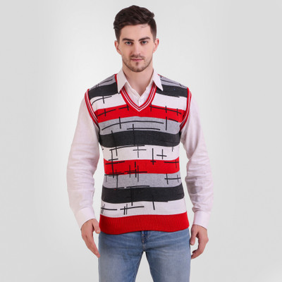 Fit N Fame Self Design V Neck Casual Men Red Sweater