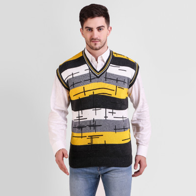 Fit N Fame Self Design V Neck Casual Men Yellow Sweater