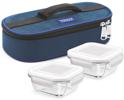 TREO Health First Glass Tiffin set of 2 pcs 300 ml Square Container in Thermostat Jacket- Blue 2 Containers Lunch Box(300 ml)