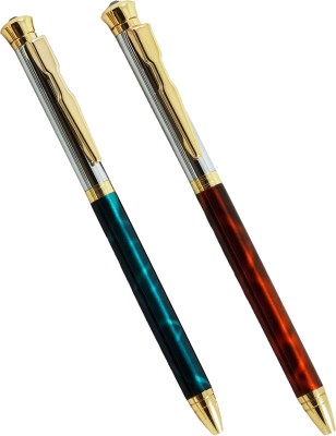 auteur Slim Body Blue & Brown Color Marble Finish Blue Ink Ruby on Cap Gift Collection Pen Gift Set(Pack of 2, Ink Color - Blue)