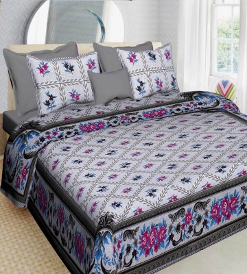 AJ Home 104 TC Cotton Double Floral Flat Bedsheet(Pack of 1, Pink,grey, white,blue)