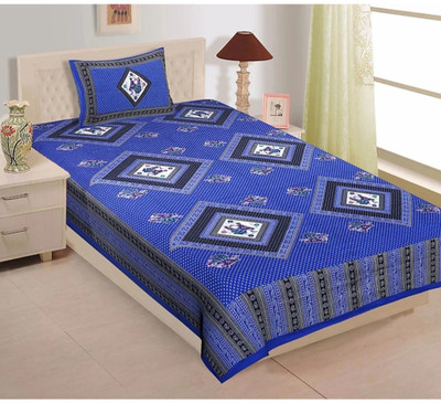 E ELMA 104 TC Cotton Single Jaipuri Prints Flat Bedsheet(Pack of 1, Blue)