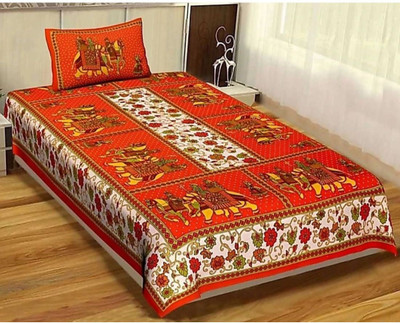 Home@shop Cotton Single Flat 144 TC Jaipuri Prints Bedsheet(Pack of 1, Orange)