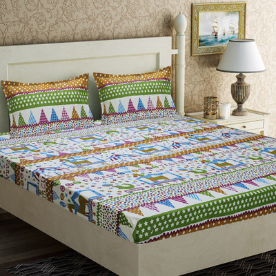 Home Candy Cotton Double Flat 104 TC Cartoon Bedsheet(Pack of 1, White)