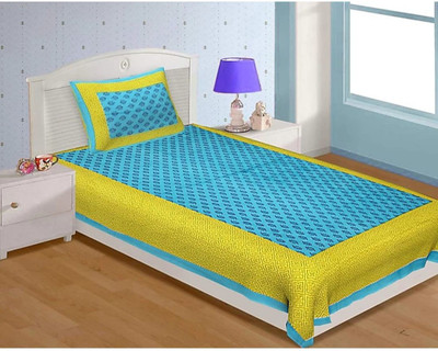 E ELMA Cotton Single Flat 144 TC Jaipuri Prints Bedsheet(Pack of 1, Blue)
