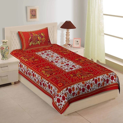 E ELMA Cotton Single Flat 160 TC Jaipuri Prints Bedsheet(Pack of 1, Red)