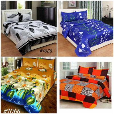 SUJATA 150 TC Polycotton Double 3D Printed Flat Bedsheet(Pack of 4, Multicolor)