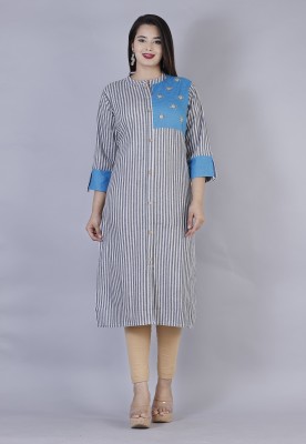 KRISHNAASSOCIAT Women Striped Straight Kurta(Grey)