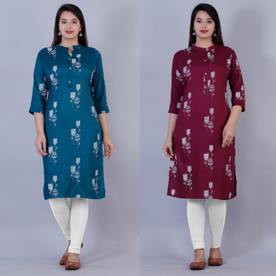 Rimeline Fashion Women Printed Straight Kurta(Purple, Light Blue)