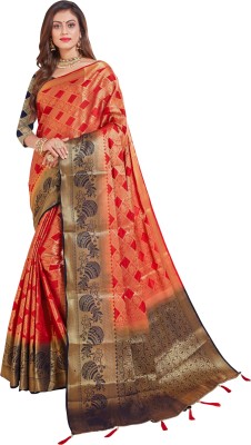 Darshita International Woven Kanjivaram Silk Blend Saree(Red, Orange)