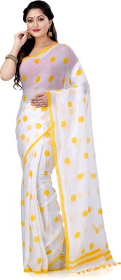 Desh Bidesh Polka Print Bollywood Pure Cotton Saree(White, Yellow)