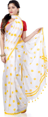 TANTLOOM Polka Print Handloom Cotton Blend Saree(White, Yellow)