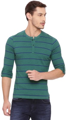 BASICS Striped Men Henley Neck Green T-Shirt