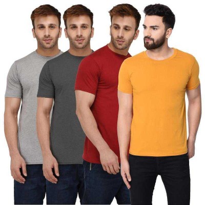 Phrill Solid Men Round Neck Maroon, Grey, Yellow T-Shirt