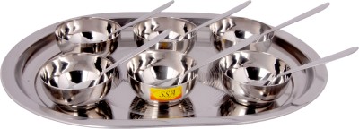 Shivshakti Arts Pack of 13 Stainless Steel Stainless Steel (Heavy Gauge) Serving Dinner Plate/Tray Dinnerware Set (13 Pcs) - For Serving Pudding - Ice Cream (Large - 40.3 cm) Oval Dinner Set(Silver)