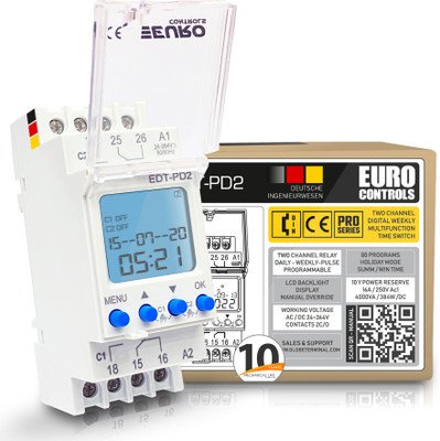 Euro Controls EDT-PD2 German - 2 Independent Channel Timer - 24 to 265 V AC / DC - LCD Backlit - 80 Programs Daily/Weekly/Pulse/Holiday modes - Battery Reserve Programmable Electronic Timer Switch(White)