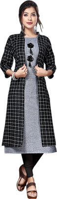 anushansa Women Solid, Checkered A-line Kurta(Grey, Black)
