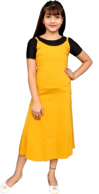 FASHION FLY Girls Below Knee Casual Dress(Yellow, Half Sleeve)