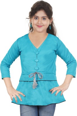 KAARIGARI Girls Casual Polycotton Fashion Sleeve Top(Light Blue, Pack of 1)